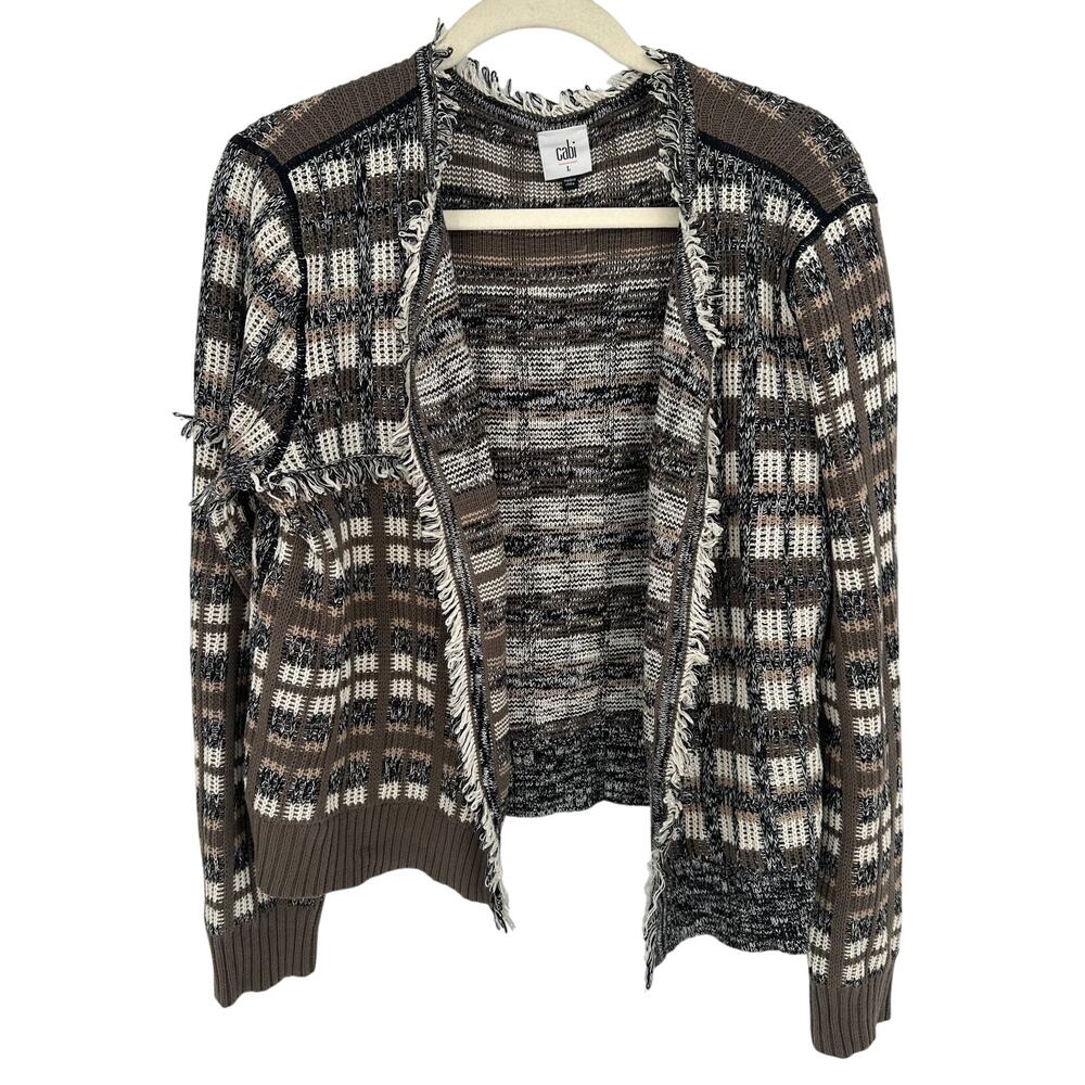 CAbi Classic Cardigan Plaid Fringe Open Front Sweater‎ 4097 Brown Black White L